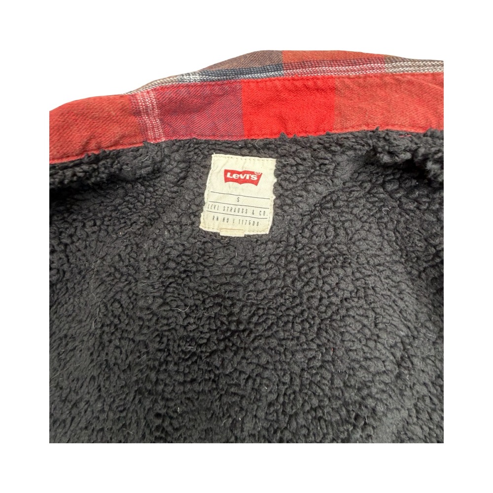 Levi's Flannel Shirt Jacket Mens Small Red Plaid Sherpa Lined Cotton Workwear - Picture 4 of 11